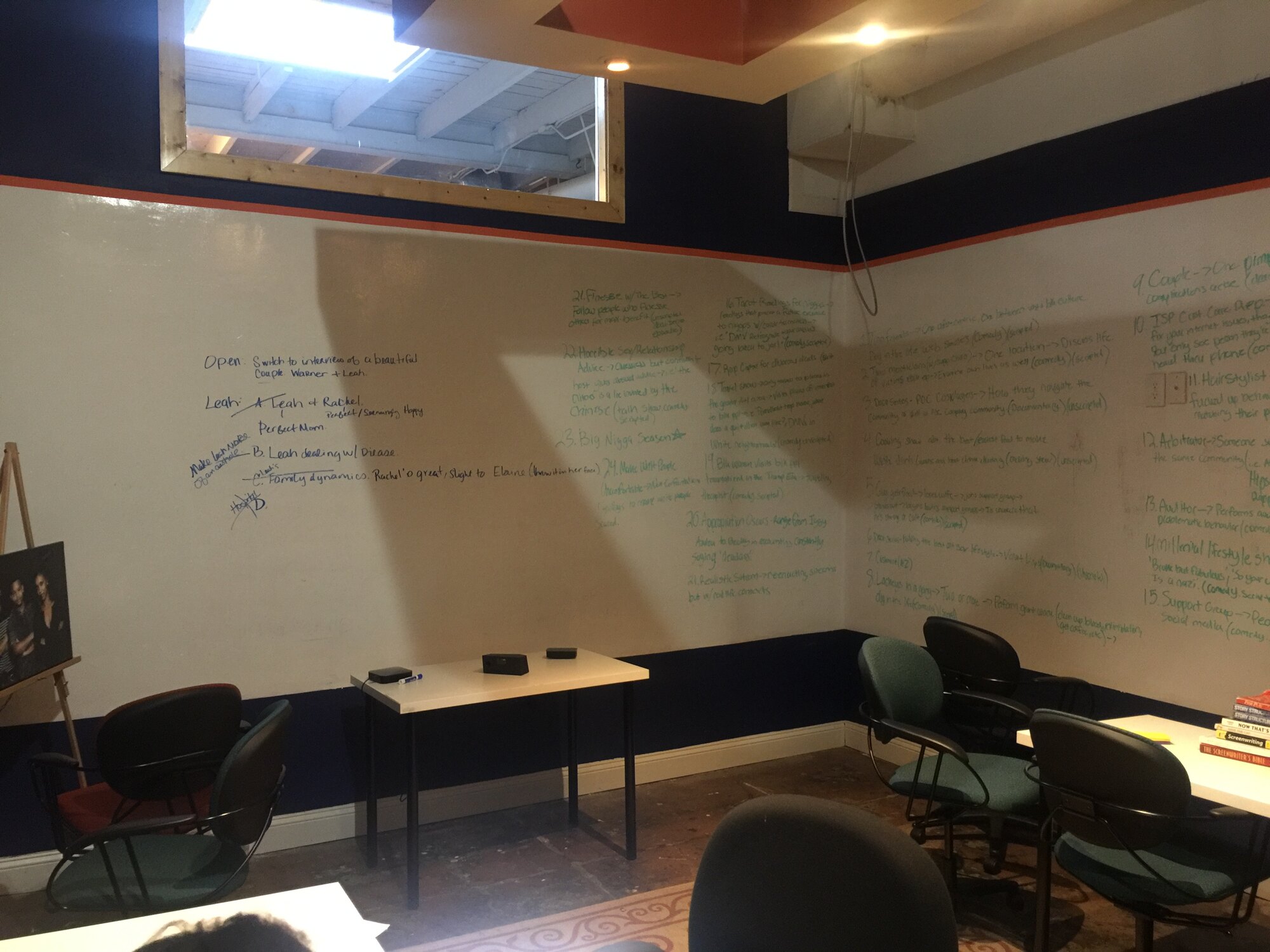 The Bridge 17 writers' room at Waterlab — whiteboard walls handwritten with plot
